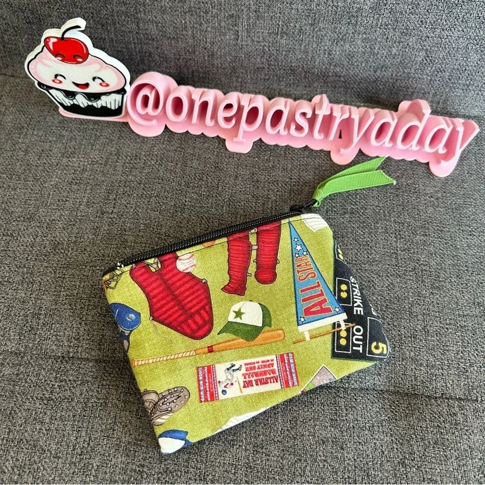 Baseball Themed Small Wallet / Coin / Travel Zipper Pouch, Green, Black
